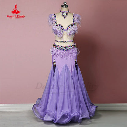 Belly Dance Performance Clothes Senior Feather Bra+ Fairy Hip Wrap Yarn Skirt Highend Customized for Women Bellydance Outfit