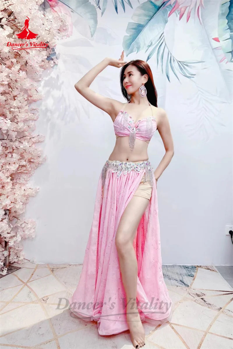 Belly Dance Performance Suit for Women Custom Chiffon Long Sleeves+bra+satin Skirt 3pcs Adult Child Oriental Bellydance Outfit