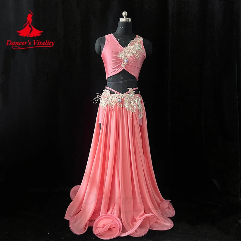 Belly Dance Performance Costume for Women Customsized Sleeveless Top+chiffon Long Skirt 2pcs Adult Children Belly Dancing Outfit