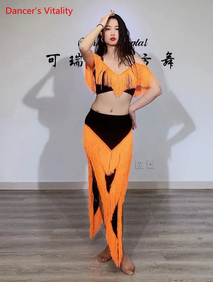 Belly Dance Performance Costume Set for Women Child Tassel Top+long Fringe Skirt 2pcs Belly Dancing Wear Outfit for Girl's