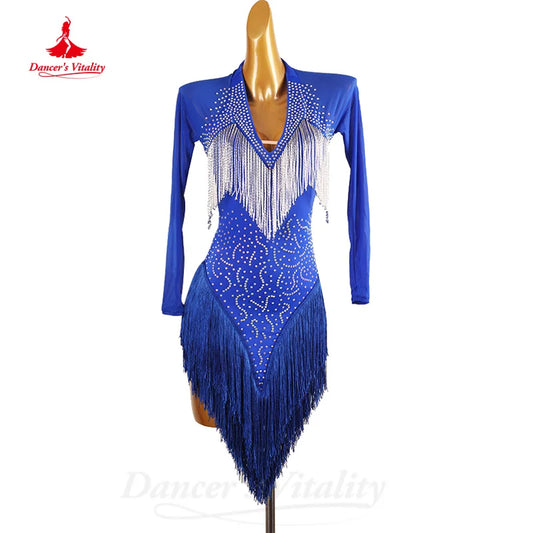 Latin Dance Costumes Customization Long Sleeved Rhinestone Tassel Dress Adult Children Tango Chacha Samba Competition Dresses