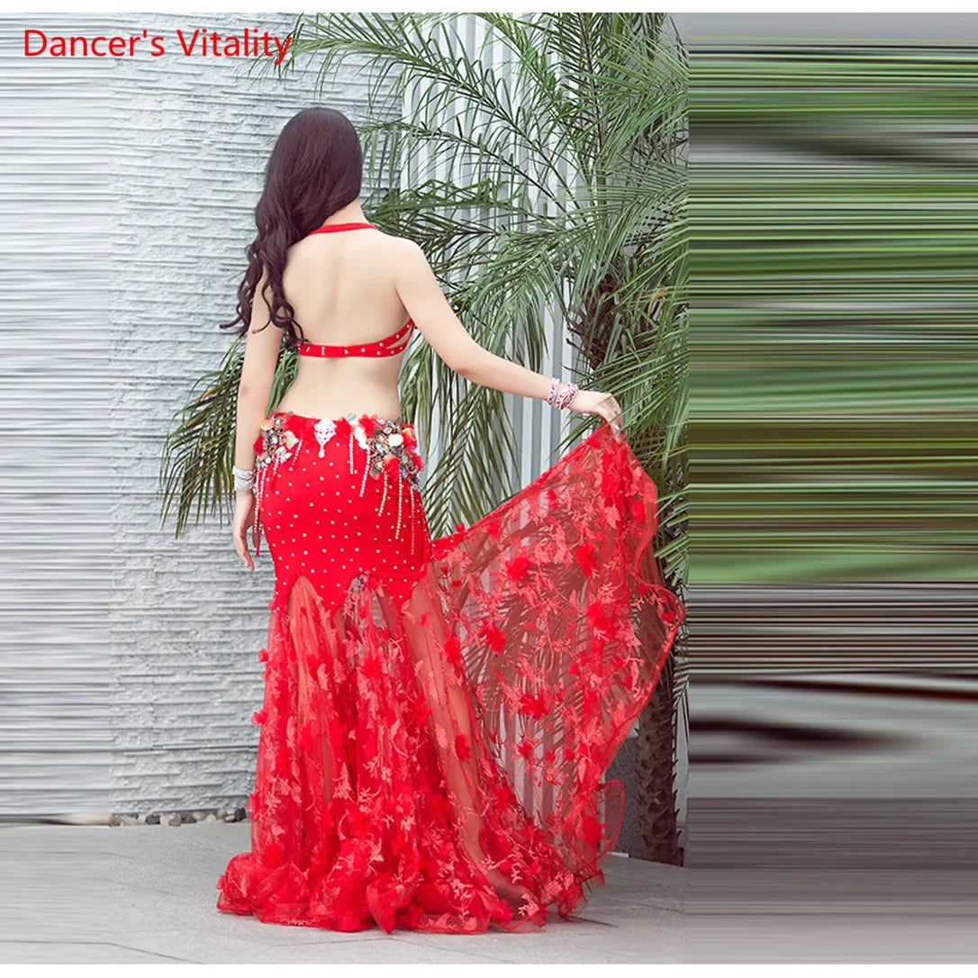 Luxury Diamond Oriental Dance Outfit Women Piece 2 Performance Belly Dance Performance Bra+long Skirt Sexy Red White