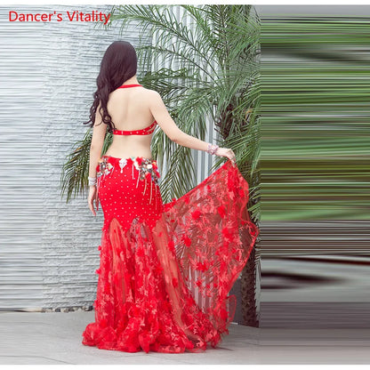 Luxury Diamond Oriental Dance Outfit Women Piece 2 Performance Belly Dance Performance Bra+long Skirt Sexy Red White