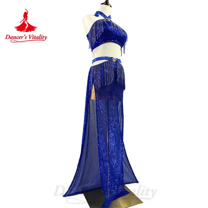 BellyDance Costume Suit Women's Customization Sleeveless Fringe Top+sequin Split Long Skirt Oriental Dance Performance Costumes