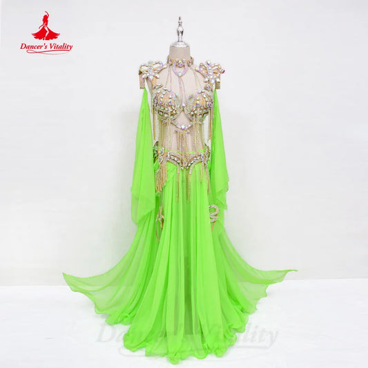 Bellydance Clothing Suit Customized Senior AB Stones Bra+Sexy Chiffon Split Long Skirt 2pcs Oriental Dance Performance Costumes