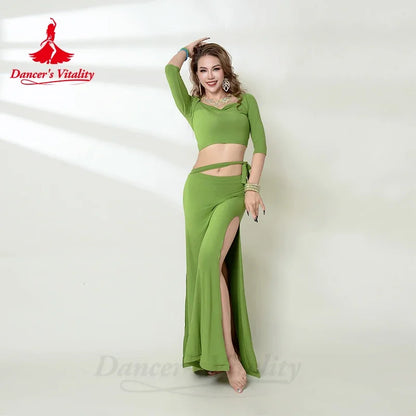 Belly Dance Practice Costume for Women Winter Half Sleeves Top+split Long Skirt 2pcs Adult Oriental Belly Dancing Wear Outfit