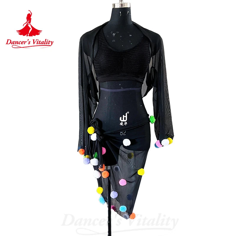 Belly Dance Costume Suit Customized Cotton Yarn Shawl+vest+Small Colored Ball Hip Scarf  3ps Oriental Dance Performance Costumes