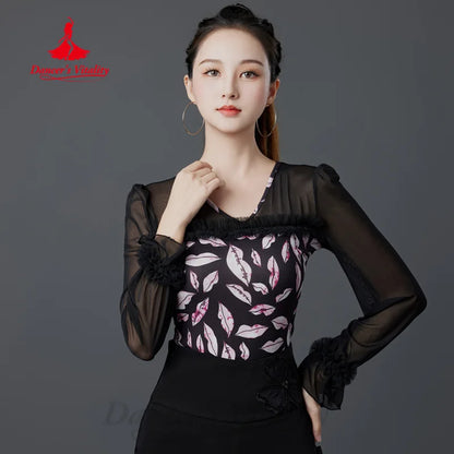 Latin Dance Long Sleeved Tops Customized High End Printed Slimming Top Women's Tango Chacha Samba Professional Training Clothes