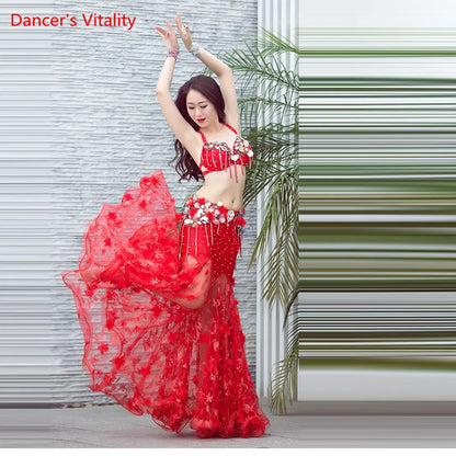 Luxury Diamond Oriental Dance Outfit Women Piece 2 Performance Belly Dance Performance Bra+long Skirt Sexy Red White