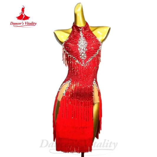 Latin Dancing Outfit Women's Customized Luxury Diamond Tassel Dress Girl Tango Chacha Samba Professional Performance Costume