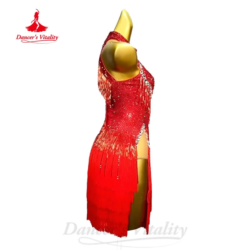 Latin Dancing Outfit Women's Customized Luxury Diamond Tassel Dress Girl Tango Chacha Samba Professional Performance Costume