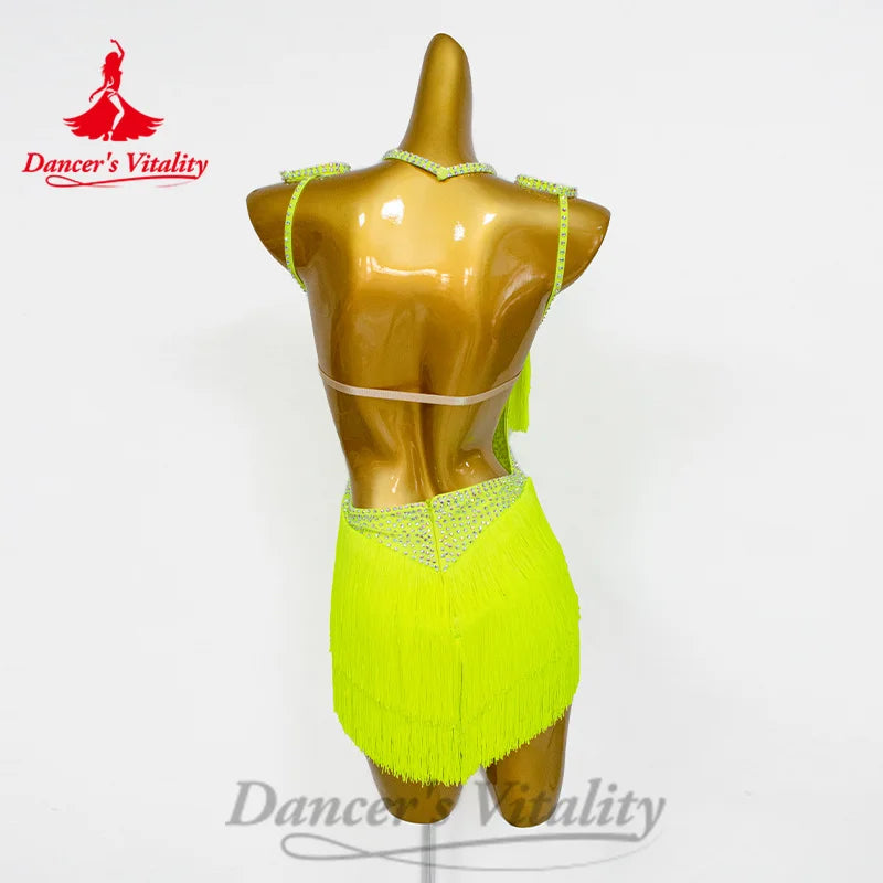 Latin Dance Women's Customized Luxury Diamond Tassel Dress Adult Children Tango Chacha Samba Professional Performance Costumes