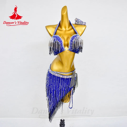 BellyDance Set Women's Customized Senior AB Stones Bra+Sexy Tassel Skirt 2pcs Belly Dance Professional Performance Clothing