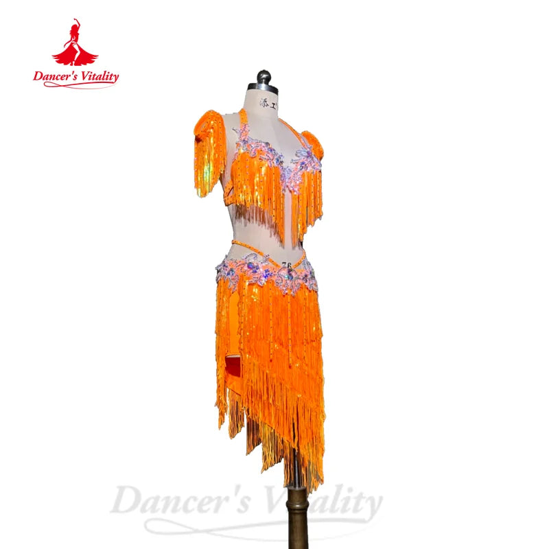 BellyDance Costume Women's Customization Senior AB Stones Bra+sexy Split Tassels Skirt 2pcs Oriental Dance Performance Costumes