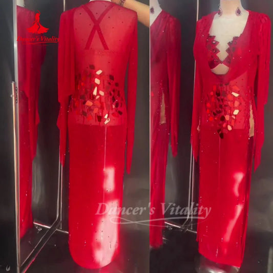 Belly Dance Costume Customized AB Stones Bra+Robe 2pcs Oriental Dance Shaabi Baladi Saidi Competition Dresses Dance's Vitality