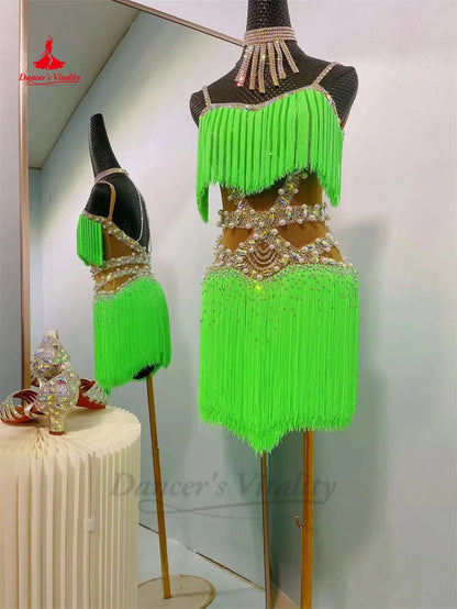 Latin Dance Fringe Dress for Women Custom Rumba Chacha Performance Tassel Skirt Adult Child Latin Dancing Professional Dresses