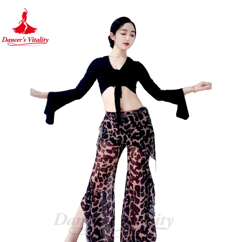 Belly Dance Practice Costume Set for Women Modal Double Bow Tie Top Black Rice Leopard Pattern Mesh Lace Pants