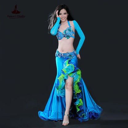 Belly dance clothing women luxury belly dance suit bra+shoulder+belt+skirt 4pcs belly dance clothes suit performance suit S M L