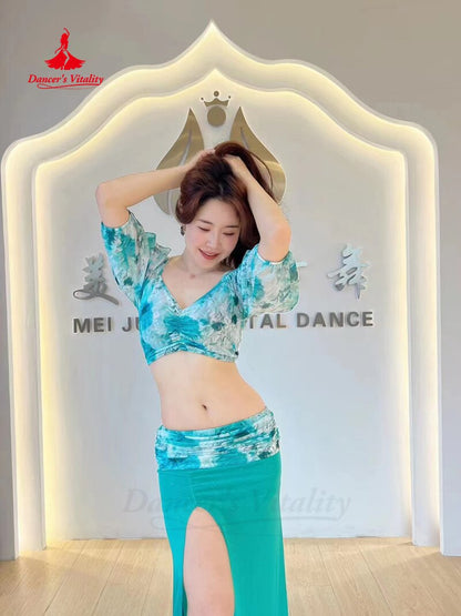 Belly Dance Practice Clothes Suit Mesh Printing Half Sleeves Top+long Skirt 2pcs for Women Belly Dancing Training Suit