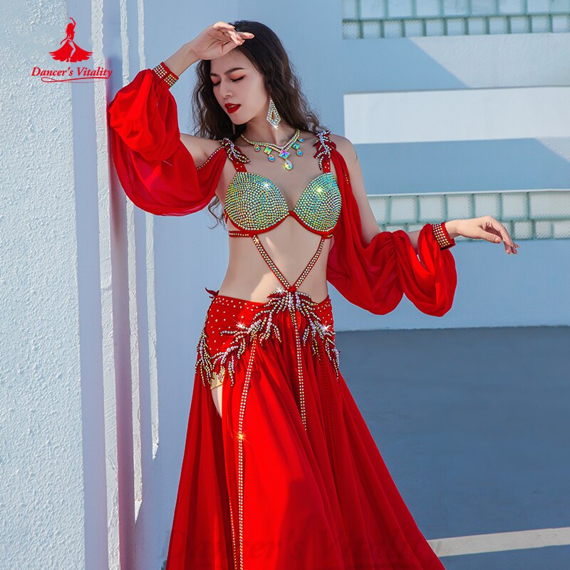 Belly Dance Performance Clothes Women Customsized AB Stones Bra+sleeves+chiffon Long Skirt Female Popsong Competiton Outfit