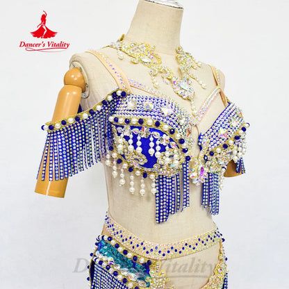 Belly Dance Performance Set Customized Pearl Diamond Bra+Sexy Split Tassel Long Skirt 2pcs Oriental Dance Competition Clothing belly dancer outfit belly dance skirt belly dance costume belly dance outfit belly dancer belly dance