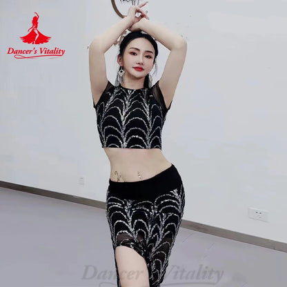 Belly Dance Performance Costume Set Women's Sequin Short Sleeved Top+Gauze Sequin Long Skirt Oriental High End Dance Skirt