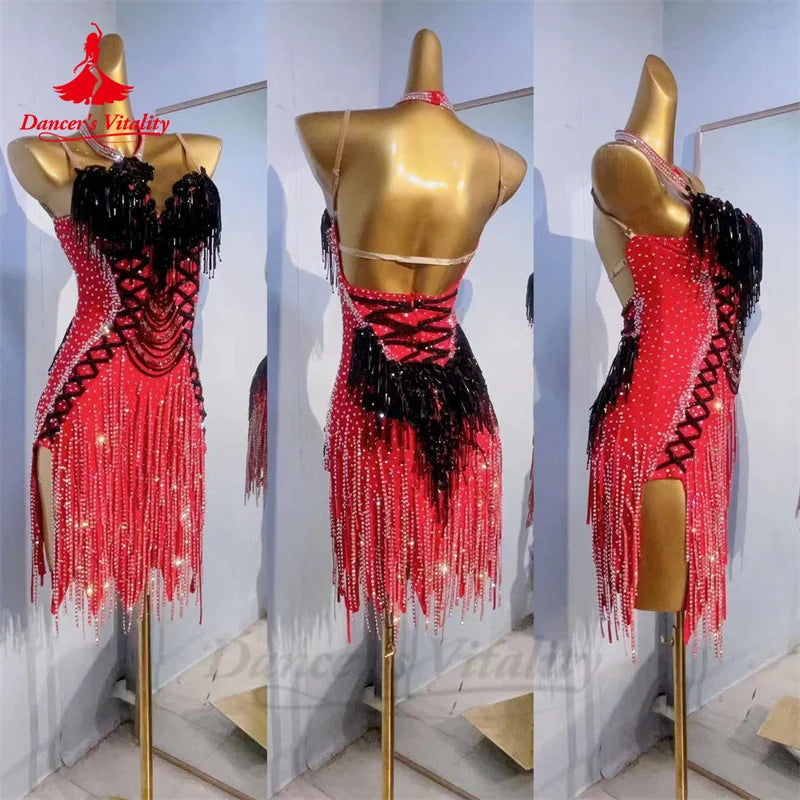 Latin Dance Performance Dress for Women Full Stones Rumba Chacha Tango Competiton Costume Skirt Custom Latin Tassel Dresses