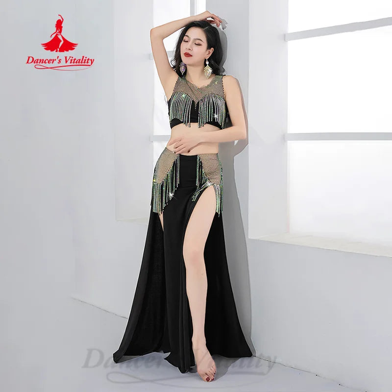 Belly Dance Performance Costume Women's Customized Light Luxury AB Stones Tassel Set Adult Oriental Dance Competition Clothing