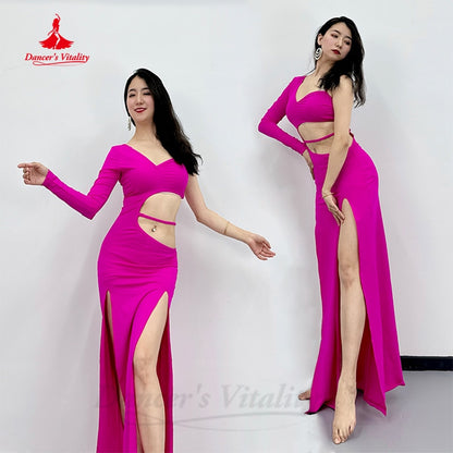 Belly Dance Practice Performance Clothing Spandex Grade Waist Baring Double Split Dress for Women Shaabi Baladi Training Dresses