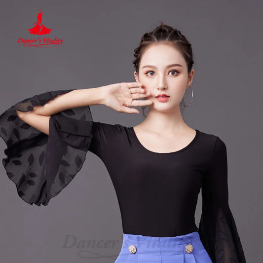 Latin Dance Practice Clothes Customized Black Slimming Flare Sleeve Top Tango Rumba Samba Girls Modern Dancing Training Clothing