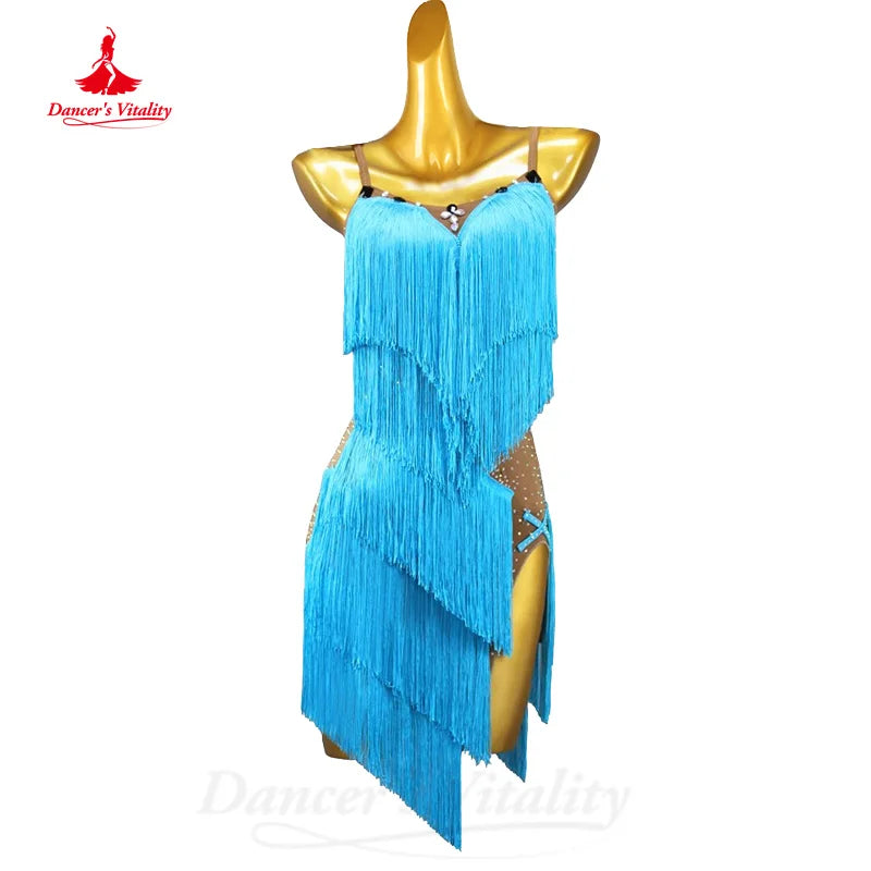 Latin Dance Performance Costumes Customized Light Luxury AB Stones Irregular Tassel Dress Adult and Children's Practice Clothes