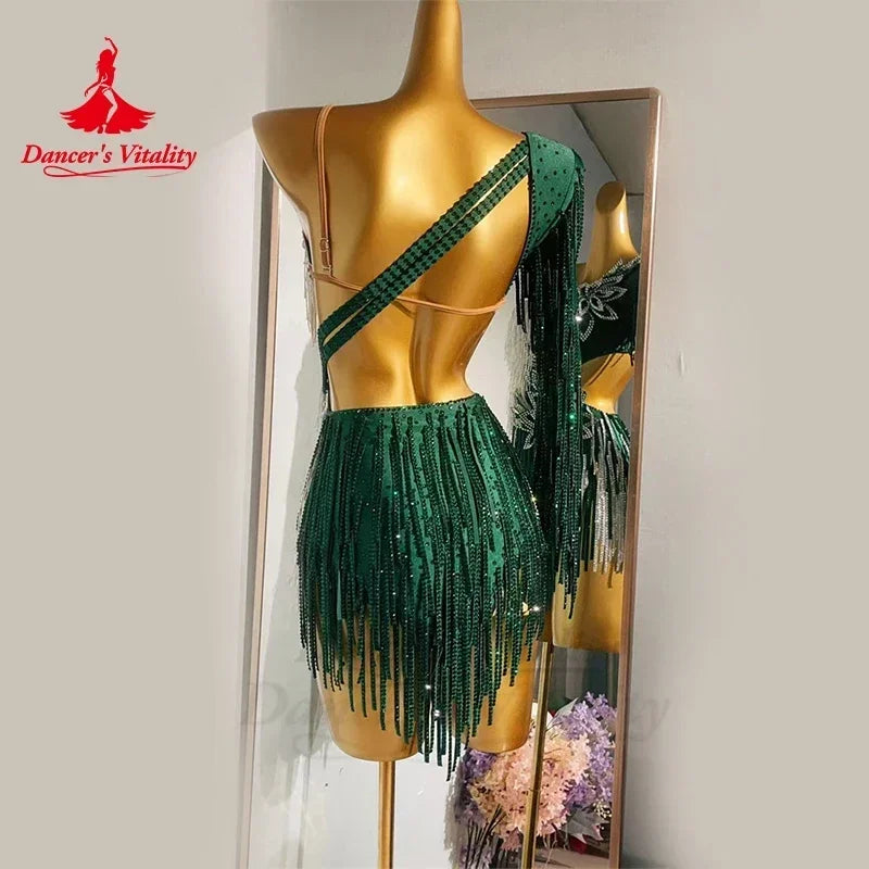 Latin Dance Dress Women Customsized High-end Single Sleeves Spandex Rumba Chacha Tango Skirt Costume Girl's Latin Fringe Dress