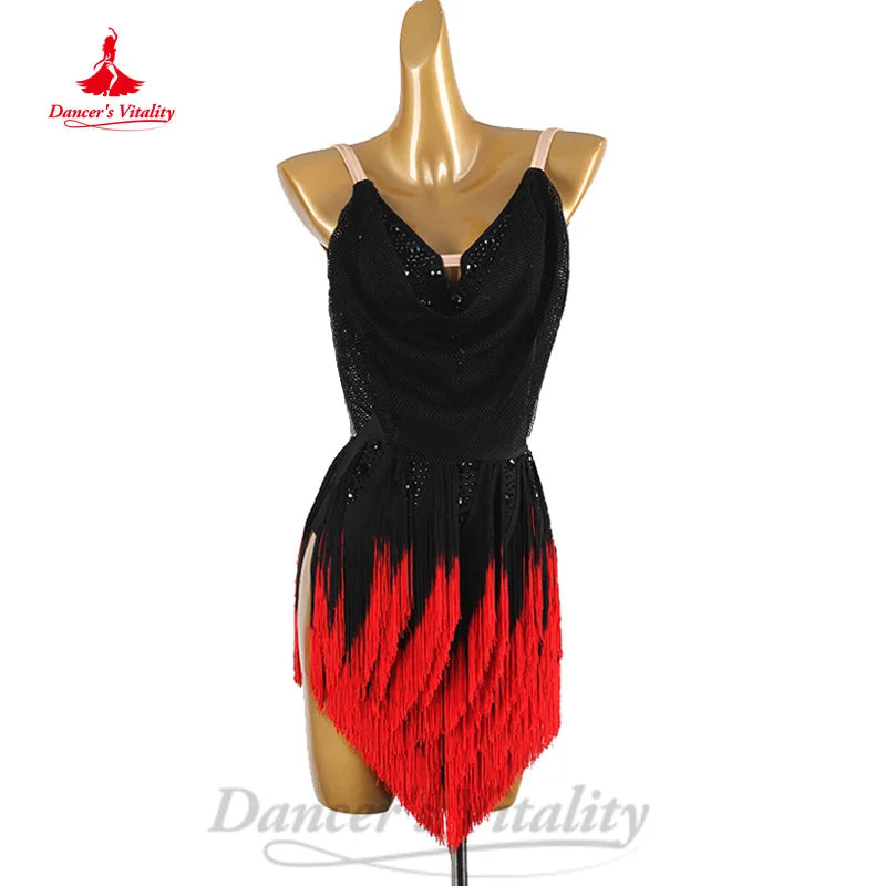 Latin Dance Professional Performance Clothing Customized Sexy Backless Gradient Tassel Dress Tango Chacha Competition Dresses