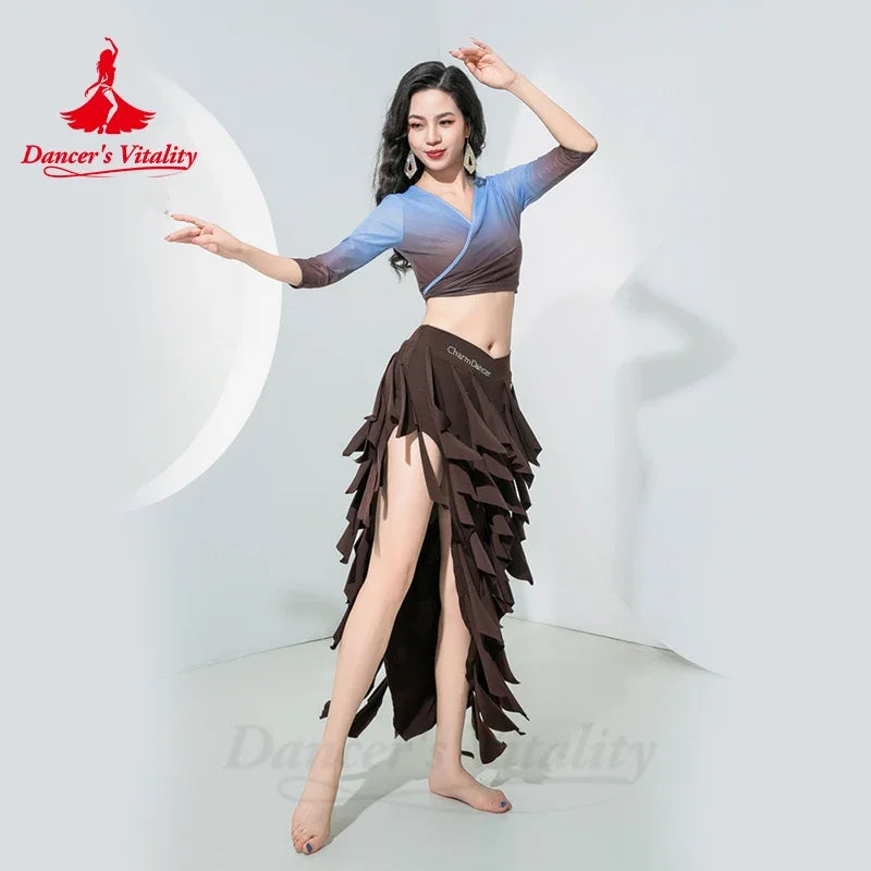 Belly Dance Costume for Women Mesh Half Sleeves and Fringed Long Skirt Oriental Professional Clothing Bellydance Wear Outfit