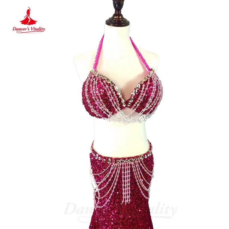 BellyDance Costume Customized Luxury Rhinestones Bra+Sexy Sequin Long Skirt Set Oriental Dance Professional Performance Clothing