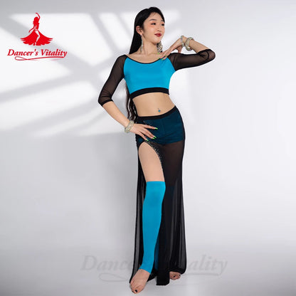 Belly Dance Costume Set for Women Mesh Long Sleeves Top+AB Stones Split Skirt 2pcs Adult Belly Dancing Wer Clothing Outfit