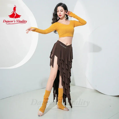 Belly Dance Cotume for Women Long Sleeves Top and Dynamic Fringed Skirt Group Practice Wear Outfit Girl's Bellydance Clothing