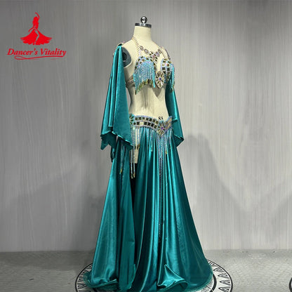 Belly Dance Costume Suit Customized Diamond Tassels Bra+Satin Long Skirt+Hand Sleeves 3ps Oriental Dance Performance Costumes