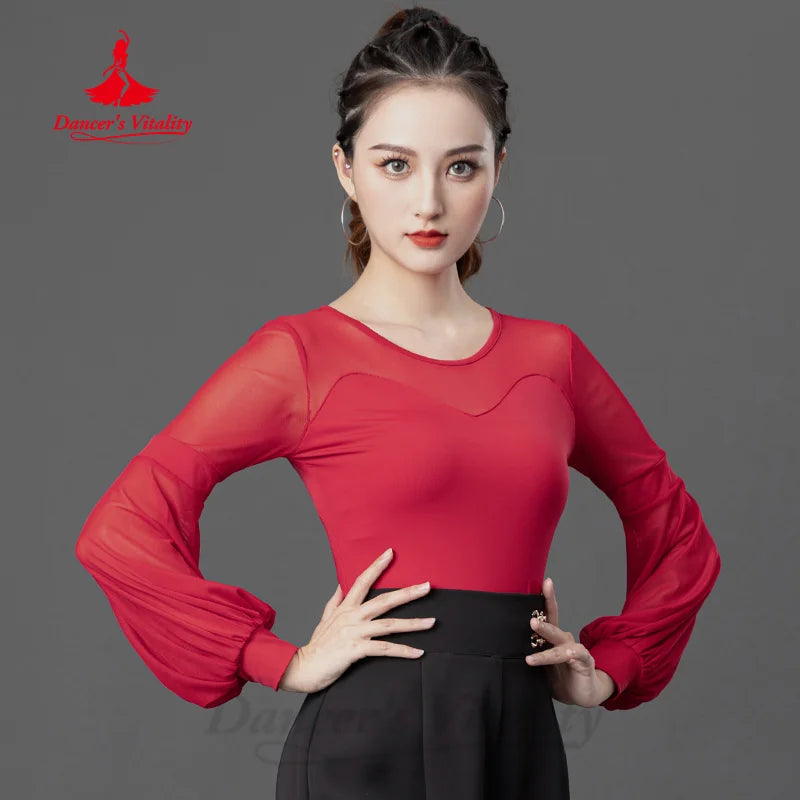 Latin Dance Practice Costume Women's Customized Long Sleeved Comfortable Slimming Top Tango Chacha Samba Training Clothing