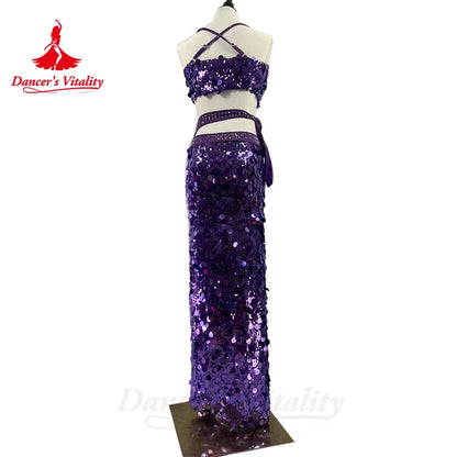 Belly Dance Costume Suit for Women Big Sequins Top+split Long Skirt Custom Adult Child Oriental Bellydance Performance Outfit