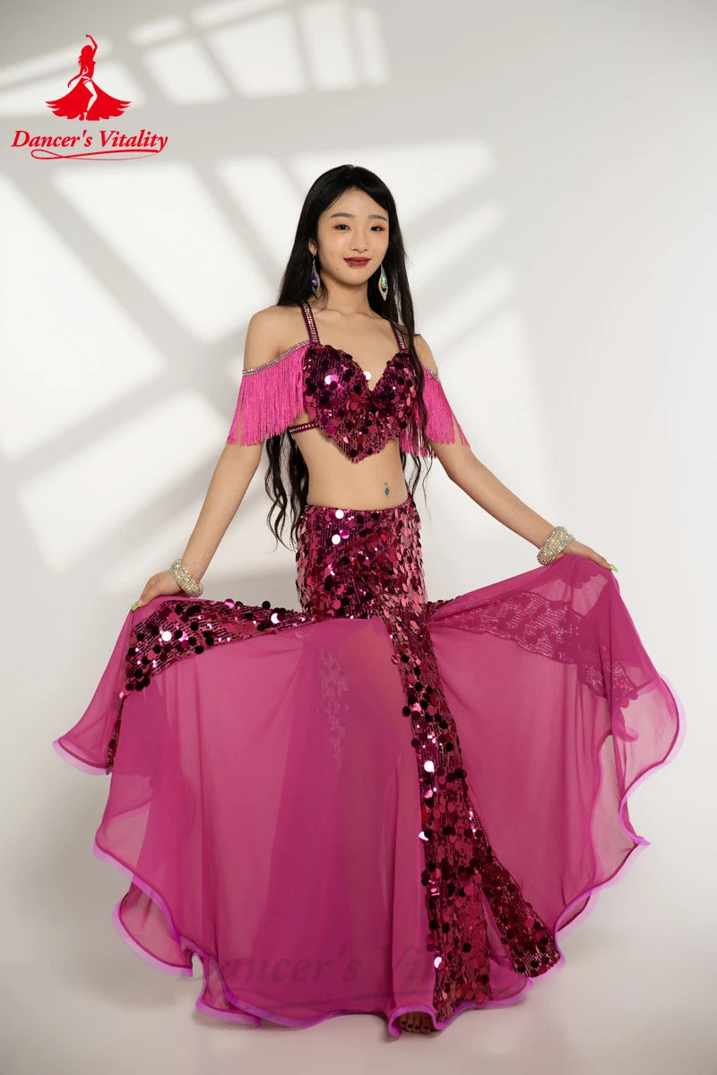 Belly Dance Performance Costumes for Women Big Sequins Bra Top+long Skirt 2pcs Oriental Belly Dance Competiton Weat Clothing