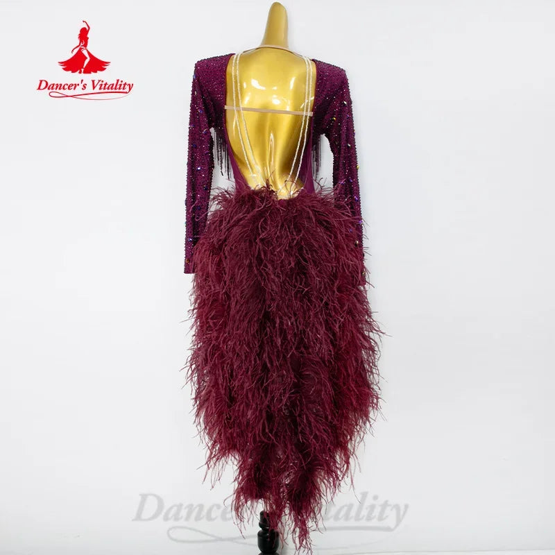 Latin Dance Fringe Dresses Customized Luxury Full Diamond Feather Backless Dress for Adult and Children's Performance Costumes