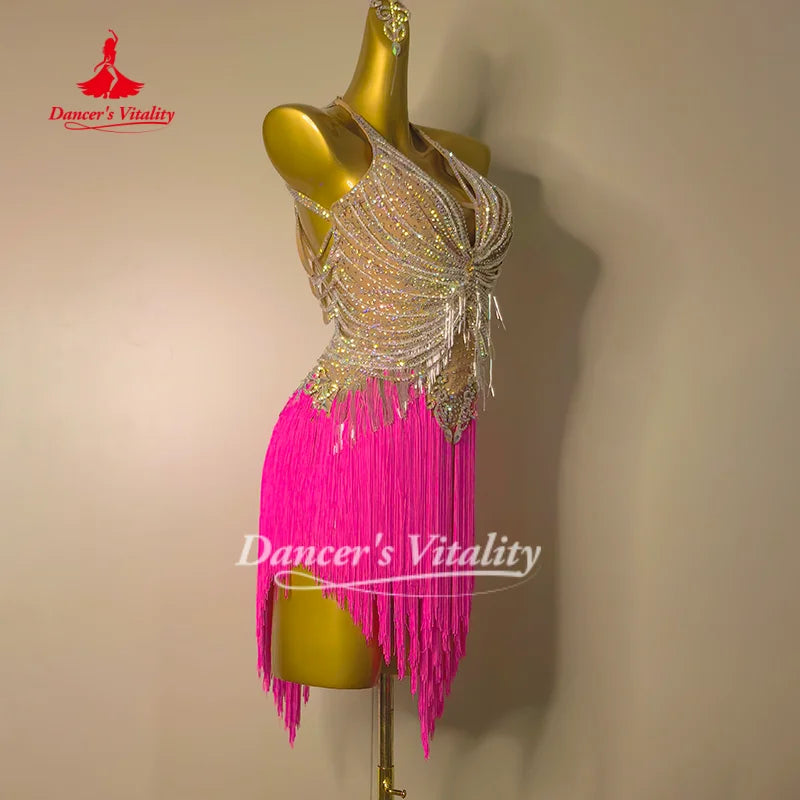 Latin Dance Competition Costumes for Adults and Children Customized High-end Luxury AB Stones Fringe Dresses Dancer's Vitality