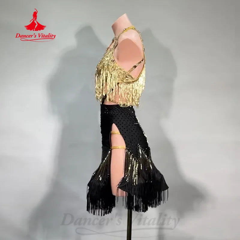 Latin Dance Tassel Dress Women Customized High Luxury Rhinestone Sexy Split Skirt Tango Rumba Professional Performance Costumes