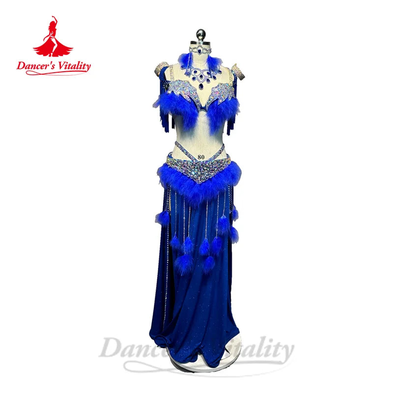 Bellydance Clothing Women's Customized Diamond Bra+feathers Tassels Skirt Set Oriental Dance Professional Performance Clothing