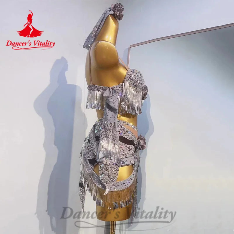 Latin Dance Costumes Suit Customized Exquisite Flowers Bra+Sequin Tassel Short Skirt 2pcs Tango Chacha Rumba Performance Costume