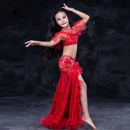 Girls Professional belly dancing clothes luxury sleeveless top+lace split sirt 2pcs child dance set kids belly dance suit SML