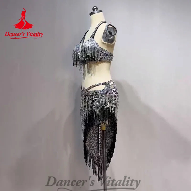 Belly Dance Costume Customized Rhinestone Tassels Bra+leopard Print Skirt 2ps Adult Children Oriental Dance Performance Costumes