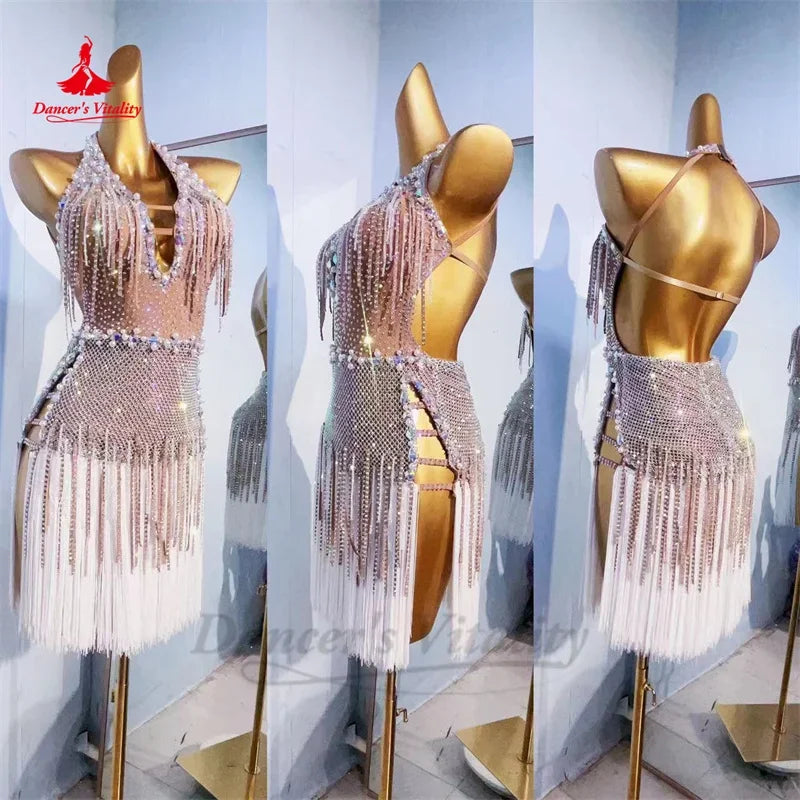 Latin Dance Dress for Women Custom Rumba Chacha Tango Performance Costume Skirt Adult Child Latin Professional Tassel Dresses