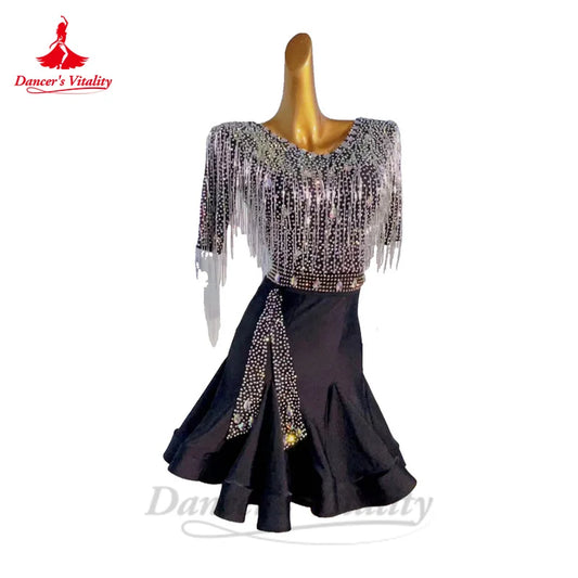 Latin Dance Performance Dress for Women Half Sleeves Spandex AB Stones Rumba Chacha Competiton Clothing Adult Child Latin Skirt